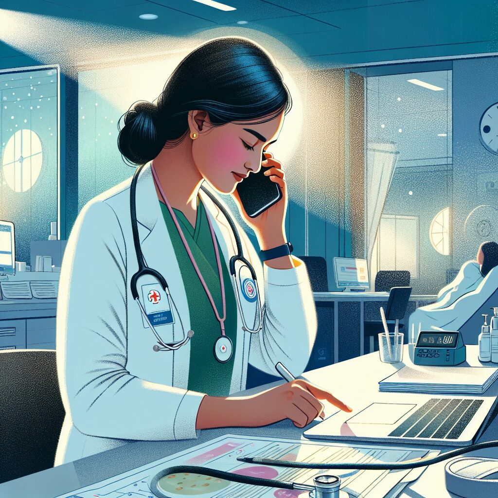 Image illustrating a healthcare professional making a phone call, symbolizing outreach efforts to patients with diabetes and heart failure. The scene should convey a sense of care and medical attention, highlighting the theme of a phone campaign by the French Health Insurance.