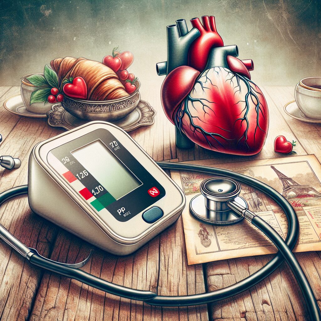 An illustrative image of a digital blood pressure monitor on a table, with a stethoscope and a heart illustration, symbolizing hypertension and heart health awareness. Include subtle French elements in the background.