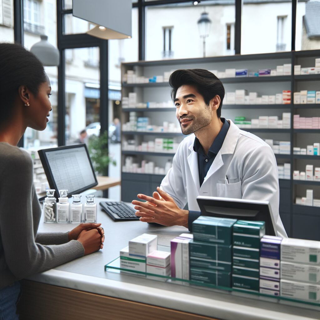 A pharmacist discussing with a patient over the counter, surrounded by medicine boxes, reflecting negotiation and comparison of prices, in a modern pharmacy setting in France.