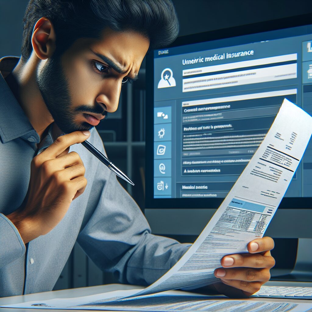An image showing a concerned individual reviewing a medical bill or insurance statement, searching for irregularities, with a computer screen displaying the Ameli website interface in the background.