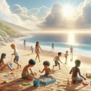 A serene beach scene with children playing nearby, devoid of any cigarette smoke, symbolizing the new smoking ban in public areas. The atmosphere should be bright, sunny, and family-friendly, emphasizing a clean and healthy environment.
