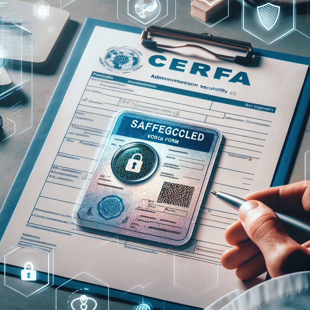 Un formulaire de travail Cerfa sécurisé, avec des éléments tels qu'une étiquette holographique, présenté sur un bureau de médecin, symbolisant la sécurité administrative, avec des symboles de protection et de sécurité numérique en arrière-plan.