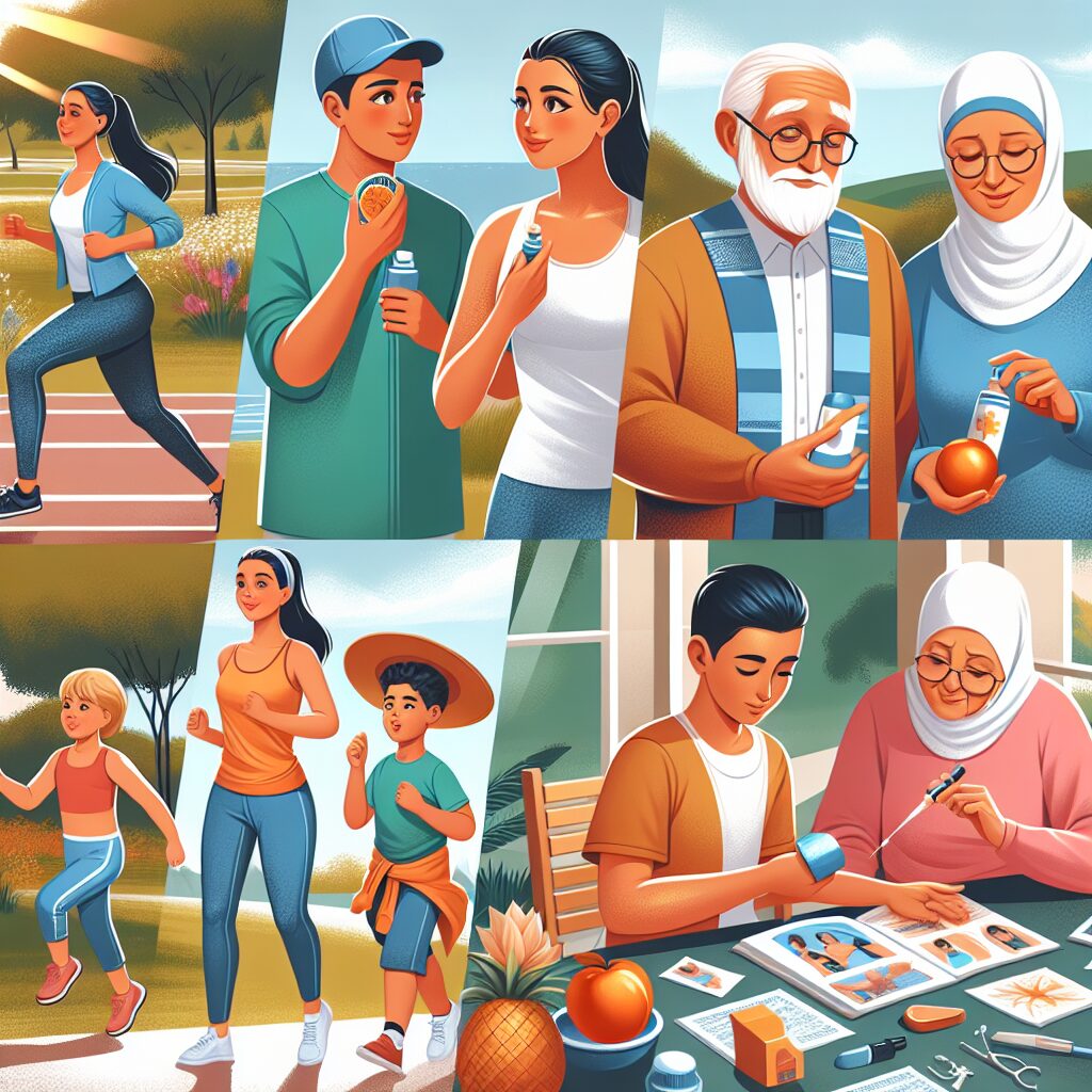 A diverse group of people, young and elderly, engaged in healthy activities such as jogging, eating fruits, and applying sunscreen outdoors. They are surrounded by educational posters on cancer prevention and an inviting environment promoting health.