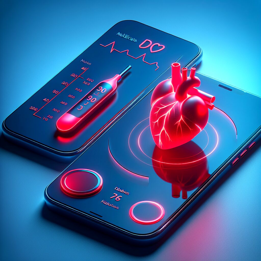 A phone with a healthcare theme, showing a heart and a glucose meter on the screen, suggesting a medical campaign for diabetes and heart failure.