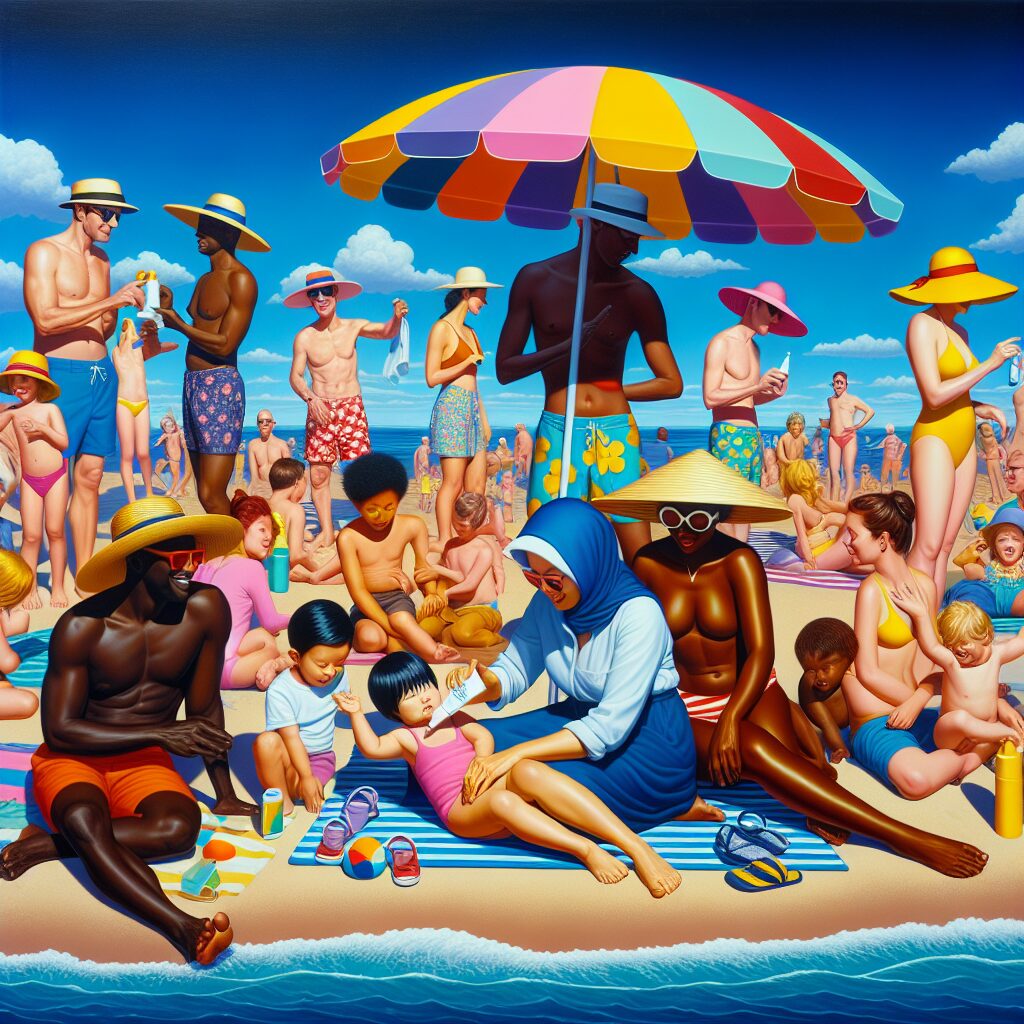 A sunny beach scene with clear blue sky, people wearing hats and sunglasses, children playing under a parasol, applying sunscreen, evoking the concept of sun protection and awareness.