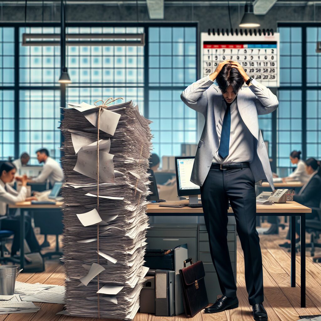 A busy office environment showing a stressed young professional clutching their head in frustration, with a stack of unfinished paperwork beside them and a calendar in the background showing medical symbols. The image captures the essence of work-related stress leading to medical leave.