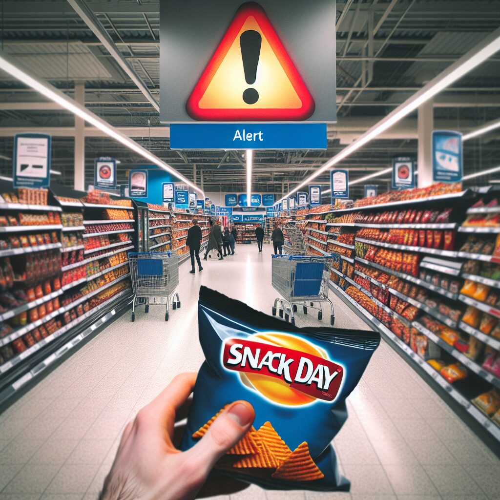 A packet of Snack Day chips being removed from a supermarket shelf, with a warning sign and a red alert symbol, in a modern grocery store setting.