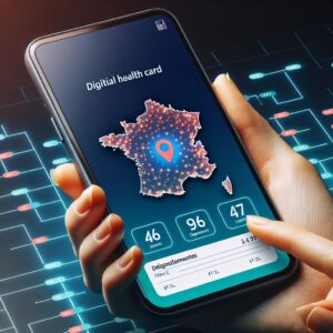 A modern smartphone displaying a health card application interface, symbolizing digital transformation in public health, with a map of France highlighting 46 departments where the app is available.