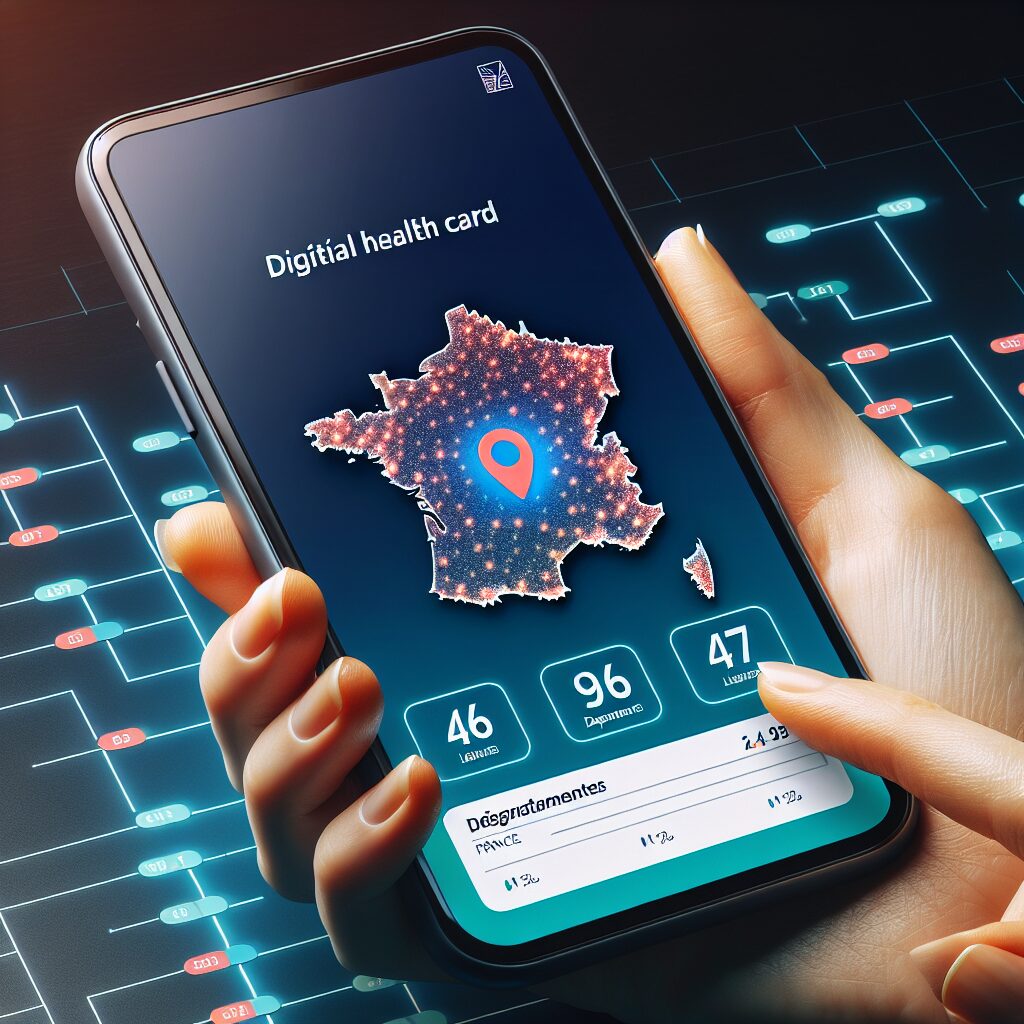 A modern smartphone displaying a health card application interface, symbolizing digital transformation in public health, with a map of France highlighting 46 departments where the app is available.