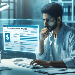 A worried person looking at a computer screen, symbolizing vigilance in identifying medical fraud. The screen displays a suspicious medical invoice. The setting is modern and clean, evoking a sense of digital technology and alertness.