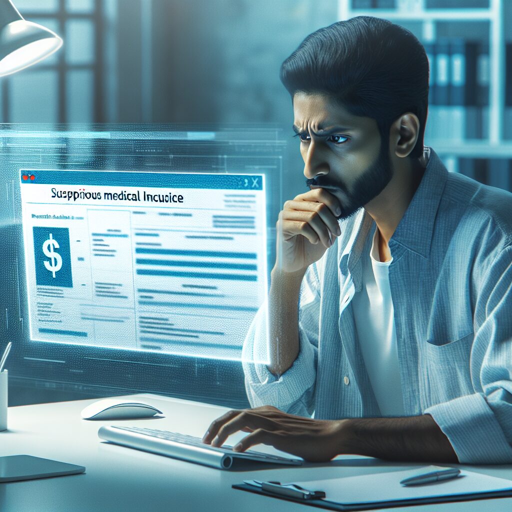 A worried person looking at a computer screen, symbolizing vigilance in identifying medical fraud. The screen displays a suspicious medical invoice. The setting is modern and clean, evoking a sense of digital technology and alertness.