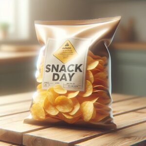 A close-up of a bag of potato chips on a wooden table, with a warning sign next to it indicating a health risk. The chips are golden and crispy, with a subtle label that reads 'Snack Day'. The environment is a neutral kitchen setting with soft lighting.