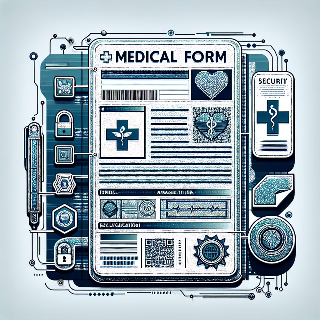 An illustration of a secure, official-looking medical form with security features like holographic stickers and magnetic ink, symbolizing the digitalization of health services and fraud prevention in France.