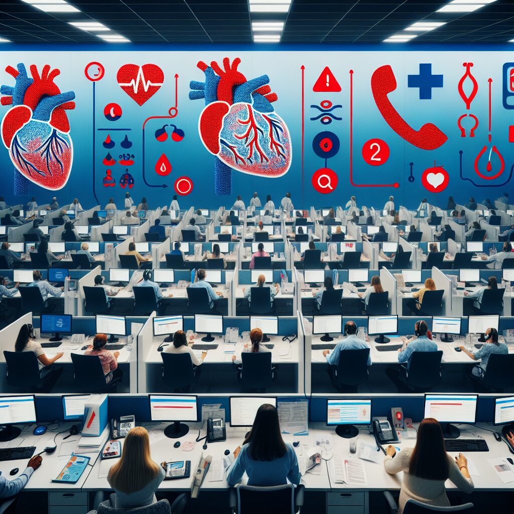 A busy call center with operators making phone calls, representing a health campaign to support patients with chronic illnesses. In the background, diagrams of a heart and diabetes symbols, conveying healthcare and prevention.