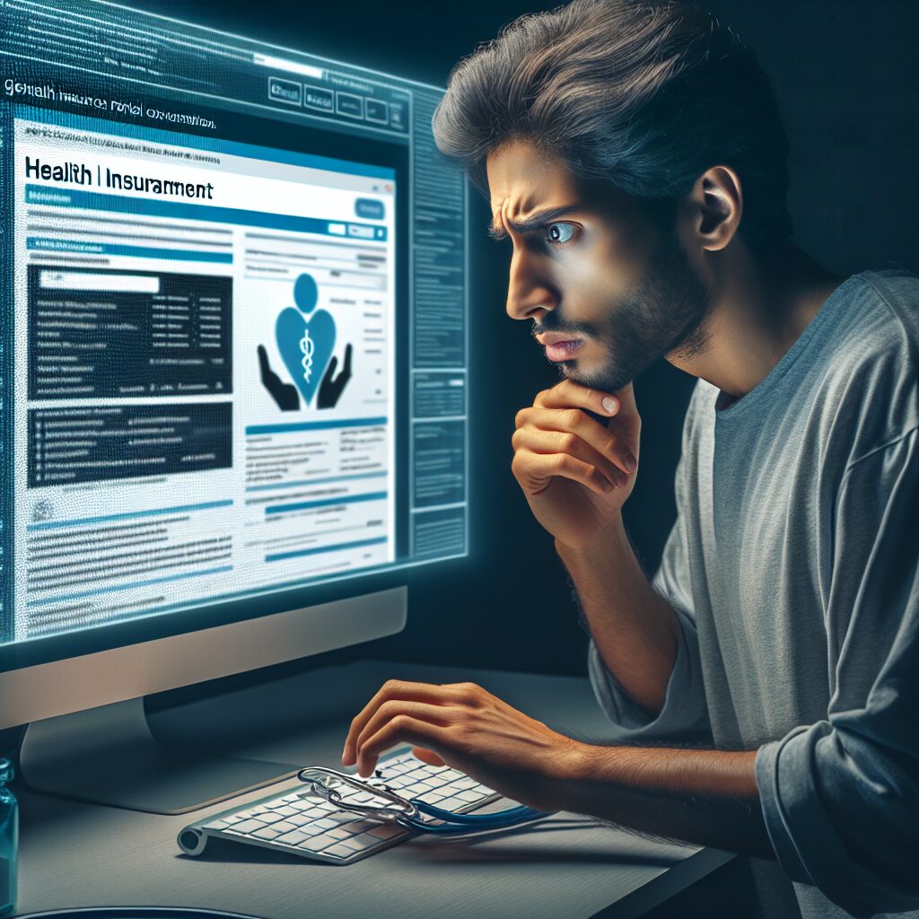 A concerned patient examining a digital medical statement on a computer screen, with a background showing the Ameli health insurance portal interface, emphasizing security and vigilance in healthcare reimbursements.