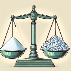 An illustration showing a balanced scale with regular salt on one side and potassium-based salt substitutes on the other, symbolizing the pros and cons of salt alternatives.