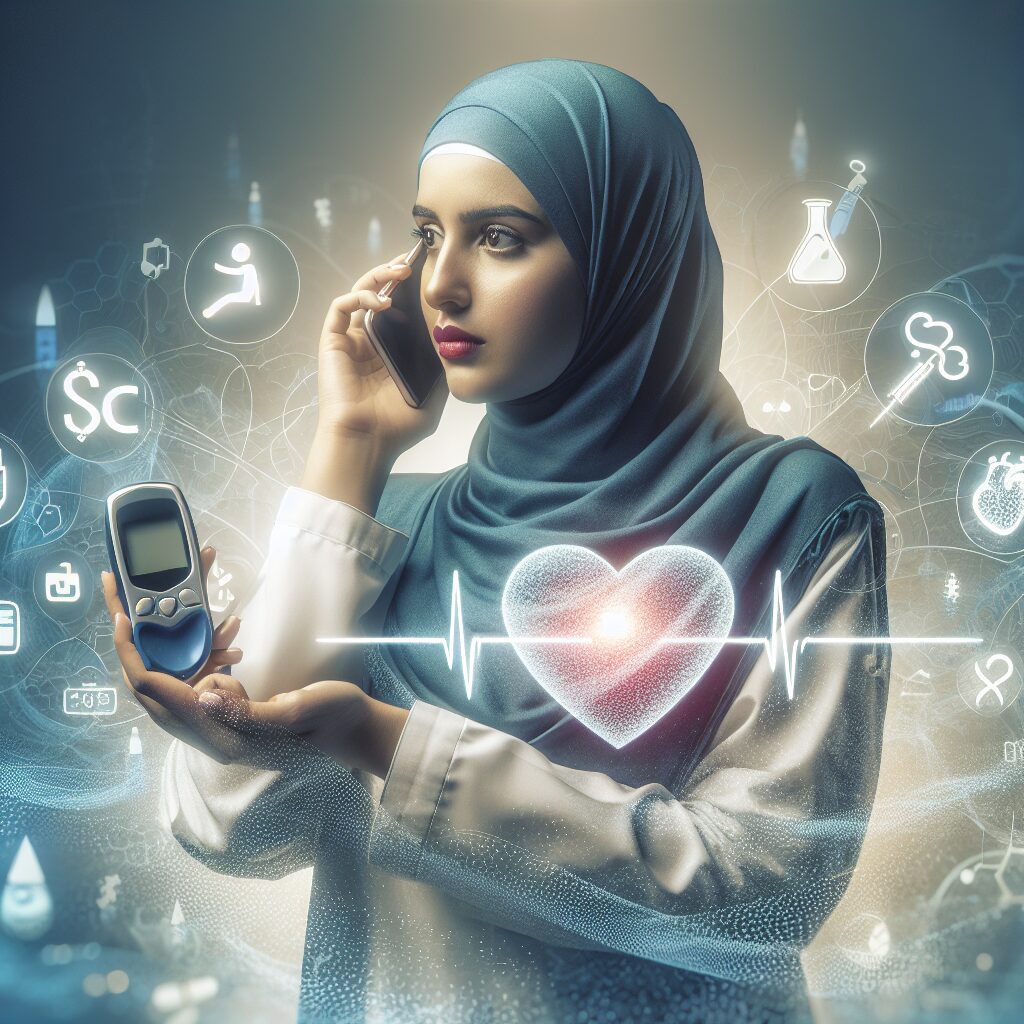 A healthcare professional on the phone, reaching out to patients, with a backdrop of medical symbols for diabetes and heart health, illustrating the concept of proactive healthcare communication.