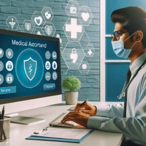 Assuré signalant une fraude médicale via un ordinateur, interface compte ameli visible à l'écran, ambiance sécurisée et moderne, couleurs apaisantes, présence de symboles médicaux et de sécurité.