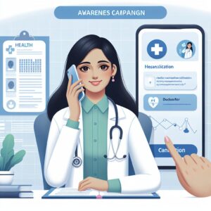 Illustration d'une campagne de sensibilisation organisée par l'Assurance Maladie, montrant un médecin au téléphone, souriant et patient, avec des graphiques de santé en arrière-plan et un téléphone portable affichant un rappel de consultation médicale.