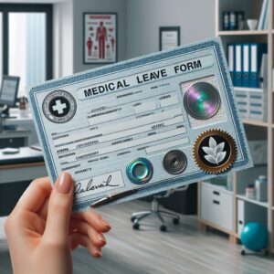 An official and secure-looking form for medical leave, showcasing various security features like holographic stickers and magnetic ink, with a backdrop of a doctor's office setting or healthcare environment, emphasizing security and authenticity.