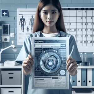 A healthcare professional holding a securely designed official document with holographic and magnetic ink features, representing the new secure form for work stoppage, with a background depicting a medical office and a calendar showing July 2025.