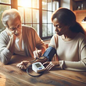 A concerned middle-aged man and woman sitting at a kitchen table, checking blood pressure with an electronic device. Bright morning sunlight filters through a window, highlighting a relaxed domestic setting with a blood pressure monitor in focus.