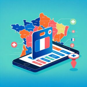 Illustration montrant une carte vitale numérique sur un smartphone avec des cartes de départements français en arrière-plan, symbolisant l'extension de l'application en France. Couleurs vives avec une touche technologique moderne.