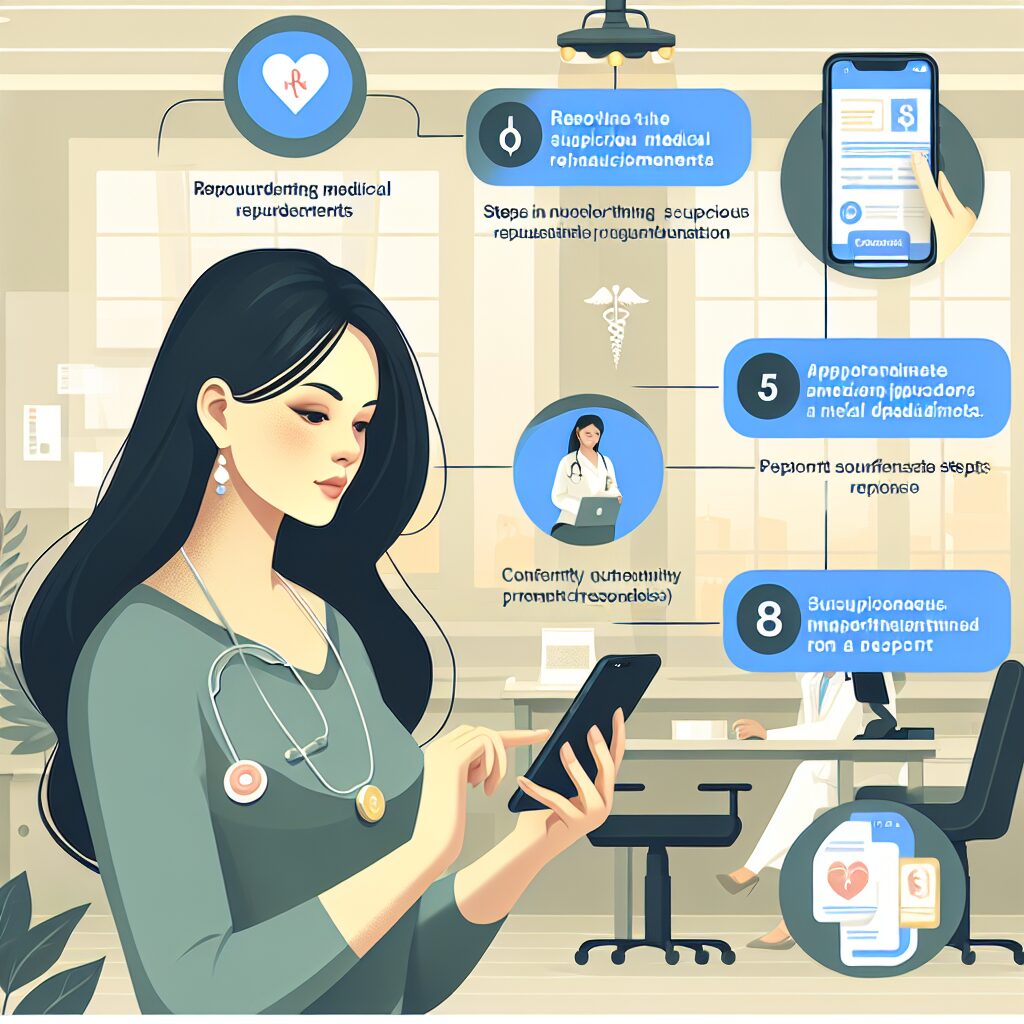 A detailed infographic depicting the process of reporting suspicious medical reimbursements via an online platform, showing a person interacting with a smartphone application in a healthcare-related setting.