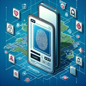 A digital illustration of a smartphone displaying a health app interface with a stylized Vitale card on the screen, set against a background showing a map of France highlighting 46 departments. Include elements of modern technology and security to emphasize innovation and accessibility.