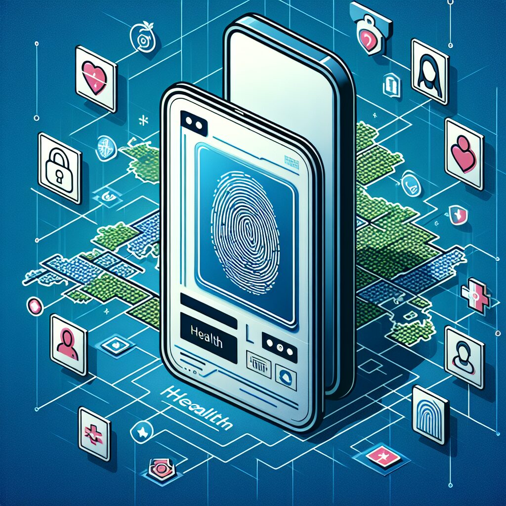 A digital illustration of a smartphone displaying a health app interface with a stylized Vitale card on the screen, set against a background showing a map of France highlighting 46 departments. Include elements of modern technology and security to emphasize innovation and accessibility.