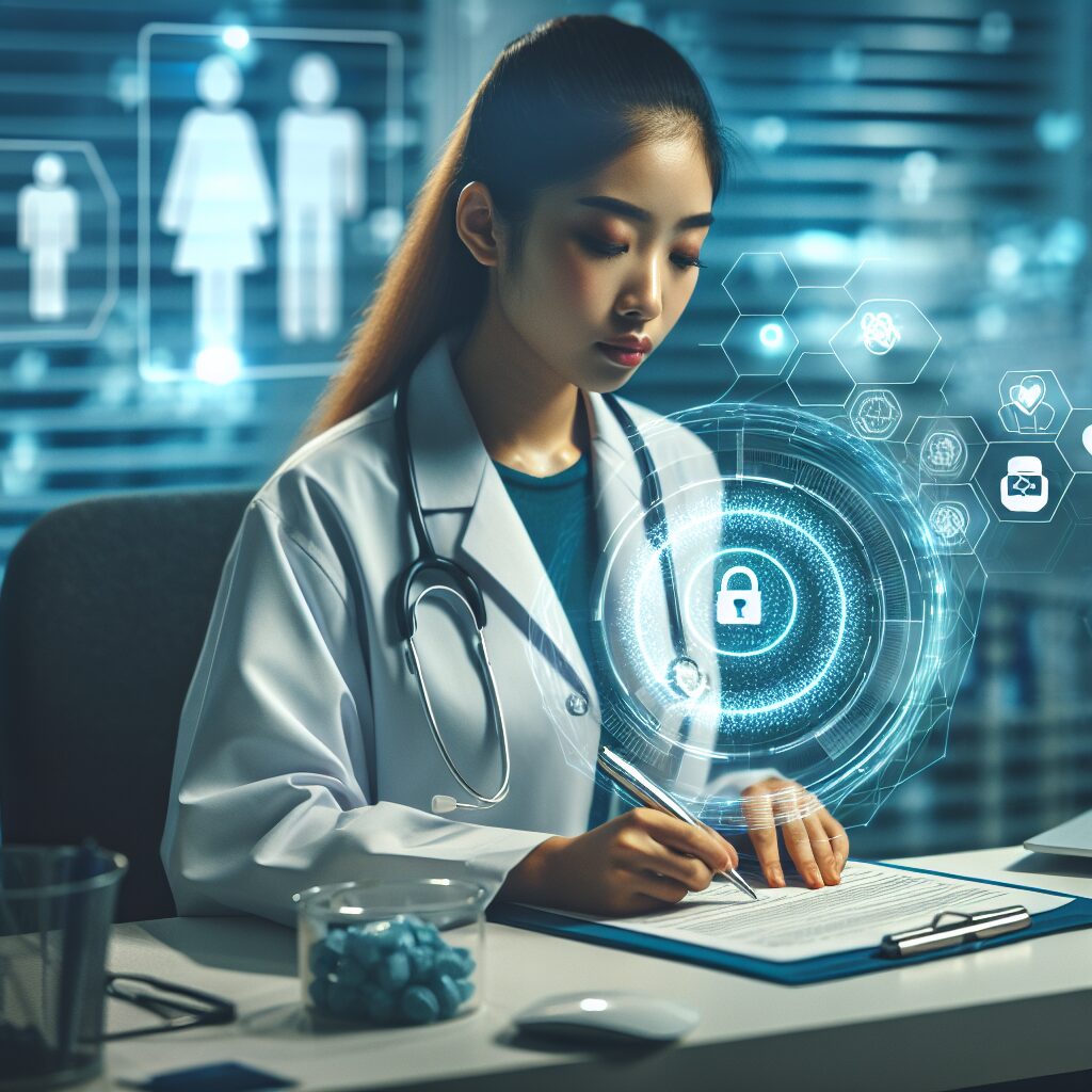 Illustration d'un bureau médical moderne, avec un médecin remplissant un formulaire sécurisé, mettant en évidence les dispositifs de sécurité comme une étiquette holographique. Ambiance professionnelle et technologique en 2025.