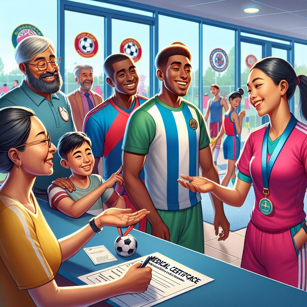 A family at a sports club entrance deciding whether they need a medical certificate for registration. The scene should be bright and welcoming, showing children and parents happily discussing with a coach wearing a sports uniform. The background should represent various sports activities like football, tennis, and swimming.