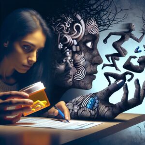 An image showing a person carefully reading medication instructions, symbolizing caution in using anxiety and insomnia drugs, with both anxiety and insomnia visuals subtly depicted in the background.