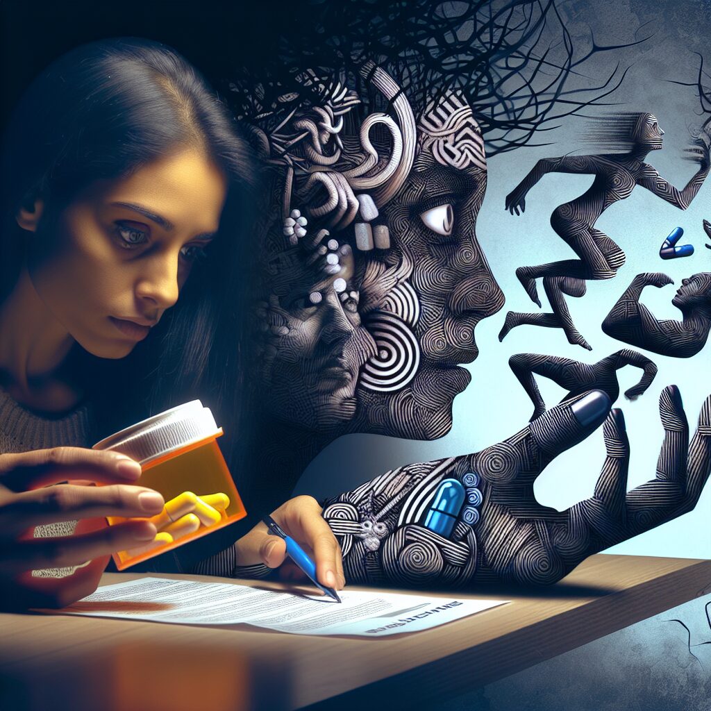 An image showing a person carefully reading medication instructions, symbolizing caution in using anxiety and insomnia drugs, with both anxiety and insomnia visuals subtly depicted in the background.