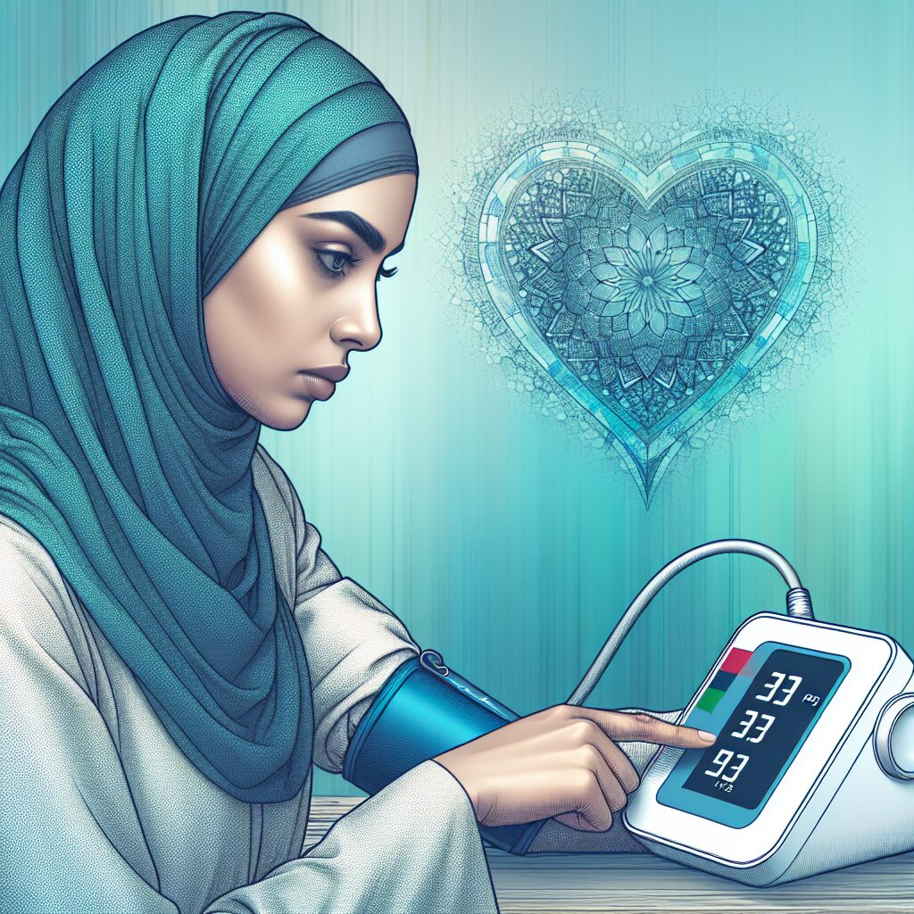 A detailed illustration of a person using an electronic blood pressure monitor, with a focus on the numbers displayed. The background should subtly hint at health and wellness, incorporating calming colors like blue and green.