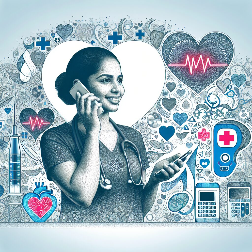 A detailed illustration showing a healthcare professional making a phone call, representing a large-scale public health initiative. The background shows symbols of healthcare, such as hearts and glucose monitors, depicting diabetes and heart conditions. The image should convey a sense of care, communication, and modern health services.