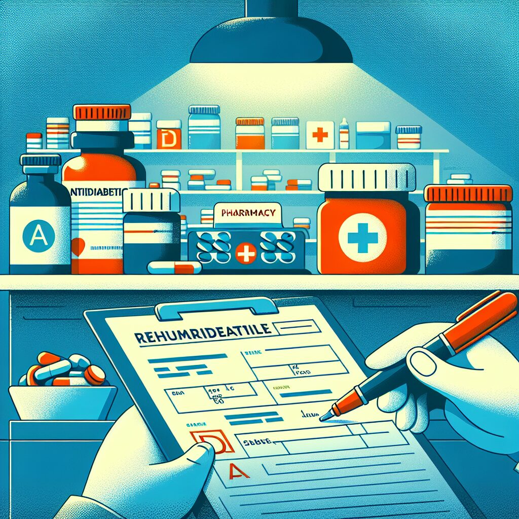 Illustration d'une pharmacie avec des antidiabétiques sur le comptoir, une ordonnance médicale visible, et un formulaire de remboursement en cours de remplissage. Ambiance lumineuse et professionnelle.