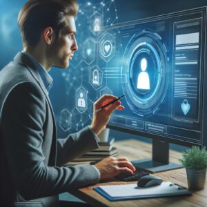 Un citoyen utilisant un ordinateur pour signaler une fraude à l'assurance maladie, interface numérique visible, ambiance moderne et sécurisée.