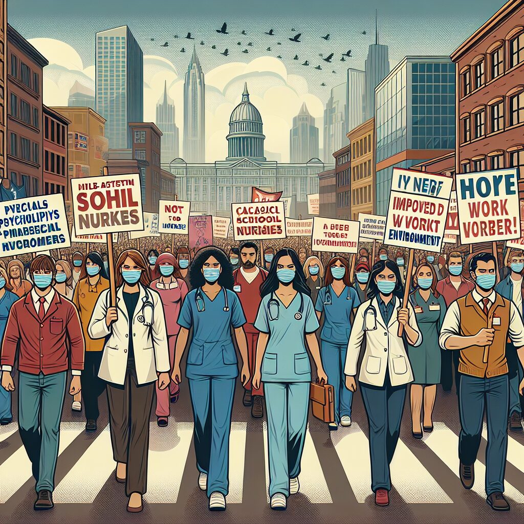 A dynamic street protest scene featuring various professional groups like psychologists, school nurses, and social workers marching together in a cityscape background with banners and placards demanding better working conditions. The mood is determined and collective, with diverse participants showing solidarity.