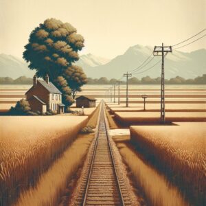 A rural landscape with a solitary traditional French village surrounded by vast fields, capturing the essence of rural life in France. The image should convey isolation and include symbolic representations of transportation challenges, such as a lone bus stop or empty railway tracks.