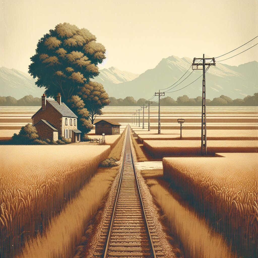 A rural landscape with a solitary traditional French village surrounded by vast fields, capturing the essence of rural life in France. The image should convey isolation and include symbolic representations of transportation challenges, such as a lone bus stop or empty railway tracks.