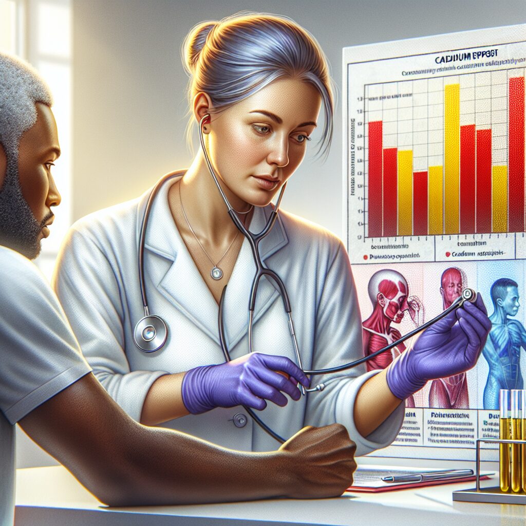 An illustrative image showing a healthcare professional conducting a cadmium exposure test in a clinical setting, with a concerned patient and a scientific chart highlighting cadmium effects.