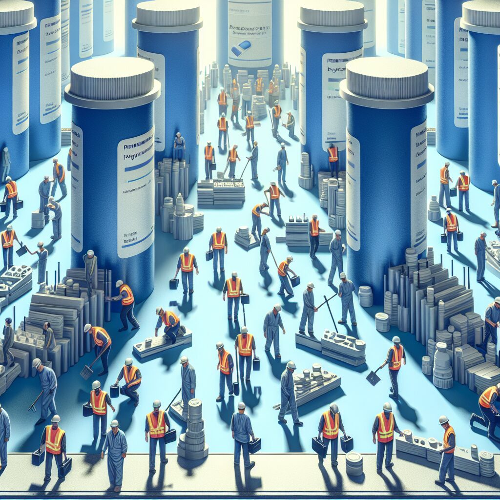 Image illustrant un chantier de construction avec des ouvriers en tenue de travail, sur fond de bouteilles de médicaments symbolisant le dopage et la consommation de drogues, couleurs dominantes bleues et grises, ambiance sérieuse et informatif.