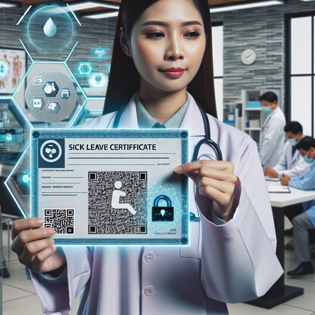 Un médecin montrant un arrêt de travail avec des QR codes et des hologrammes, symbolisant la modernisation et la lutte contre la fraude, dans un cabinet médical moderne.