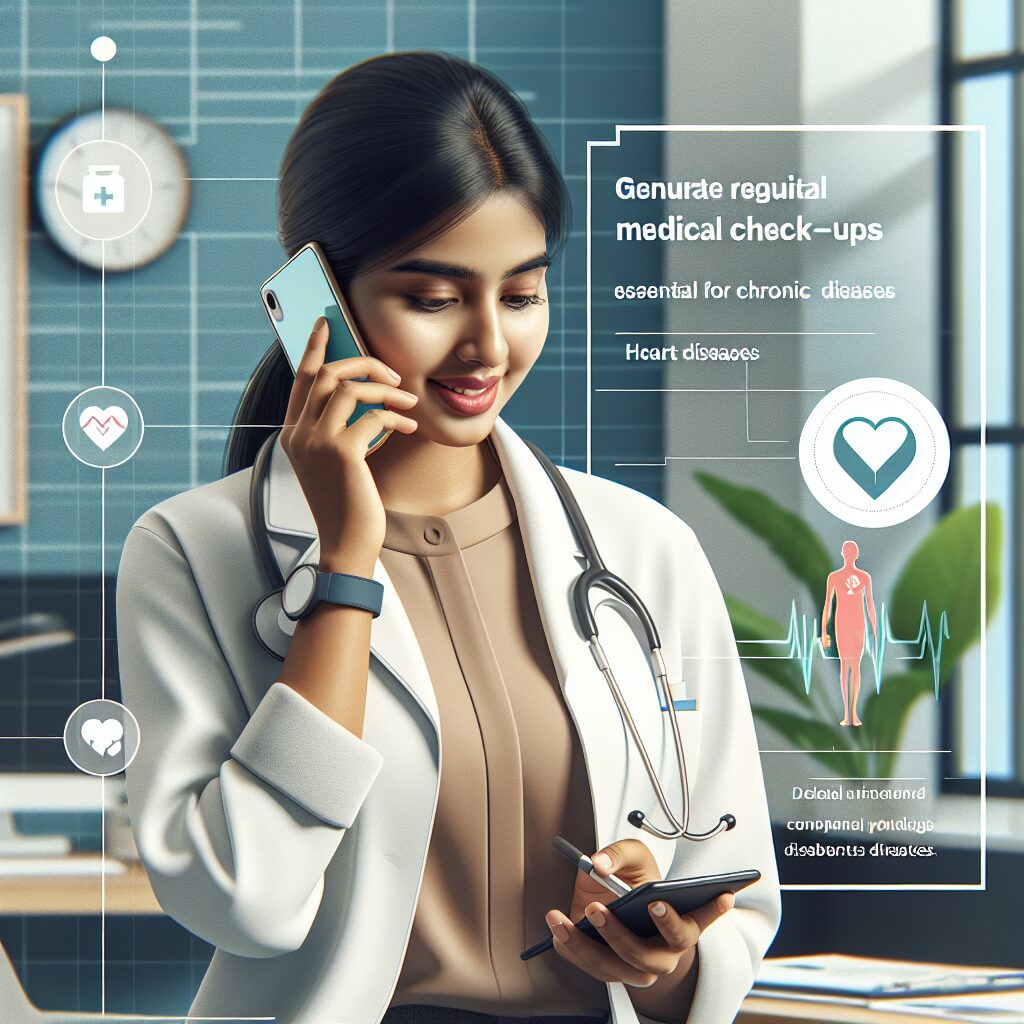 An informative image depicting a healthcare professional discussing over the phone with a patient, highlighting the importance of regular medical check-ups for chronic diseases like diabetes and heart failure.