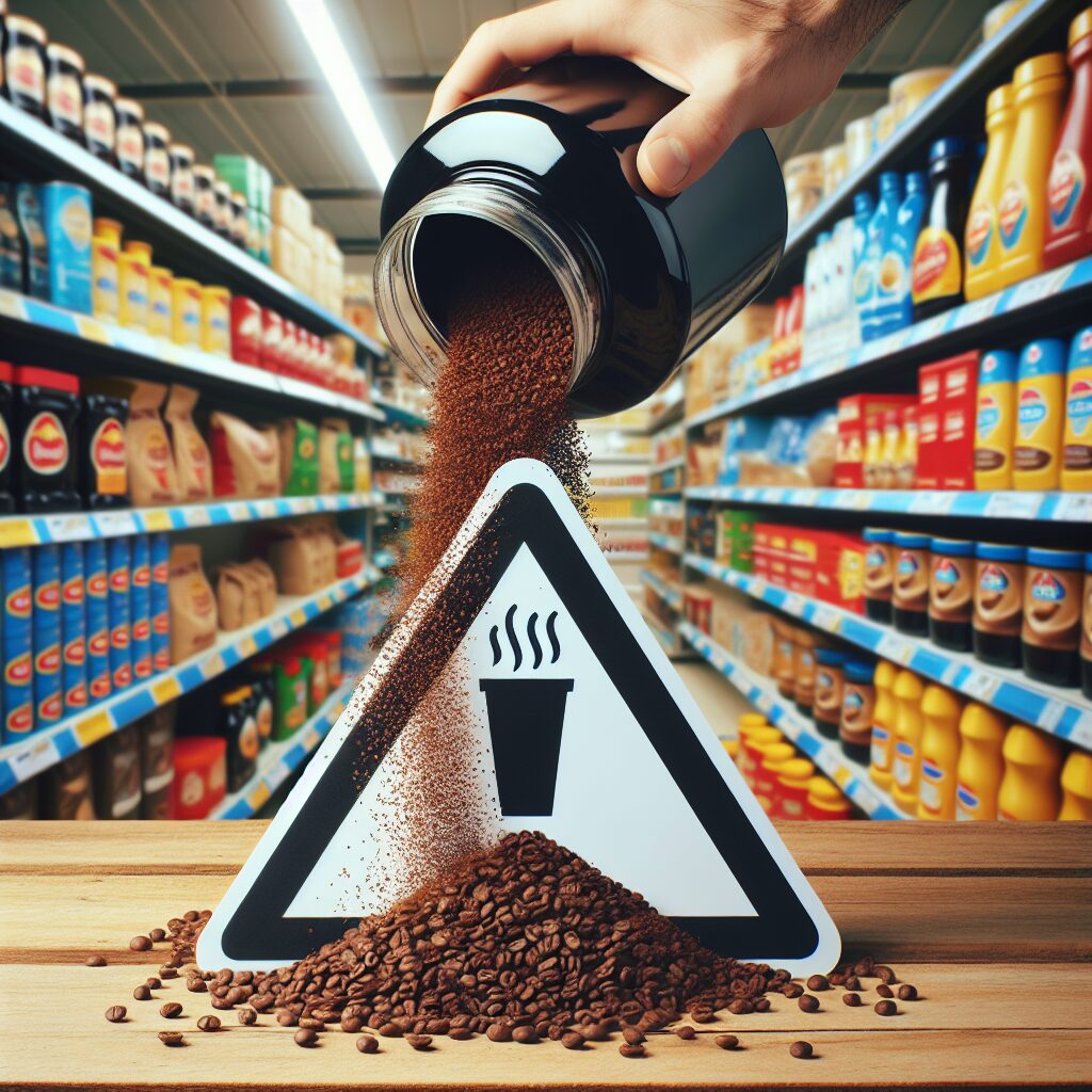 A jar of instant coffee spilling coffee granules with a warning sign symbol next to it, set against a background of supermarket shelves, emphasizing consumer safety.