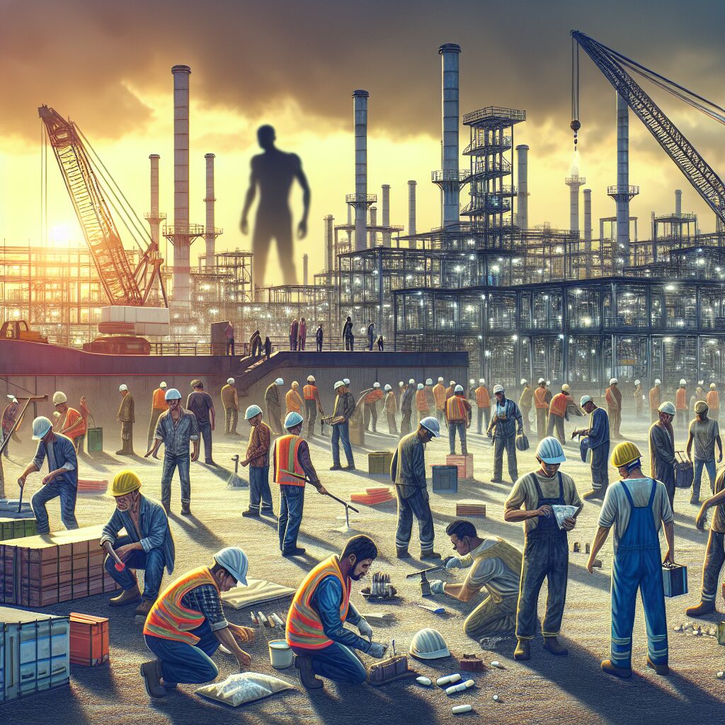 A busy construction site with workers, some looking anxious, a shadowy figure in the background representing drug use, and an industrial skyline at dusk.