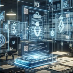 A futuristic, digital representation of a workplace scenario featuring holographic medical forms, QR codes, and security watermarks, symbolizing modernization in administrative processes.
