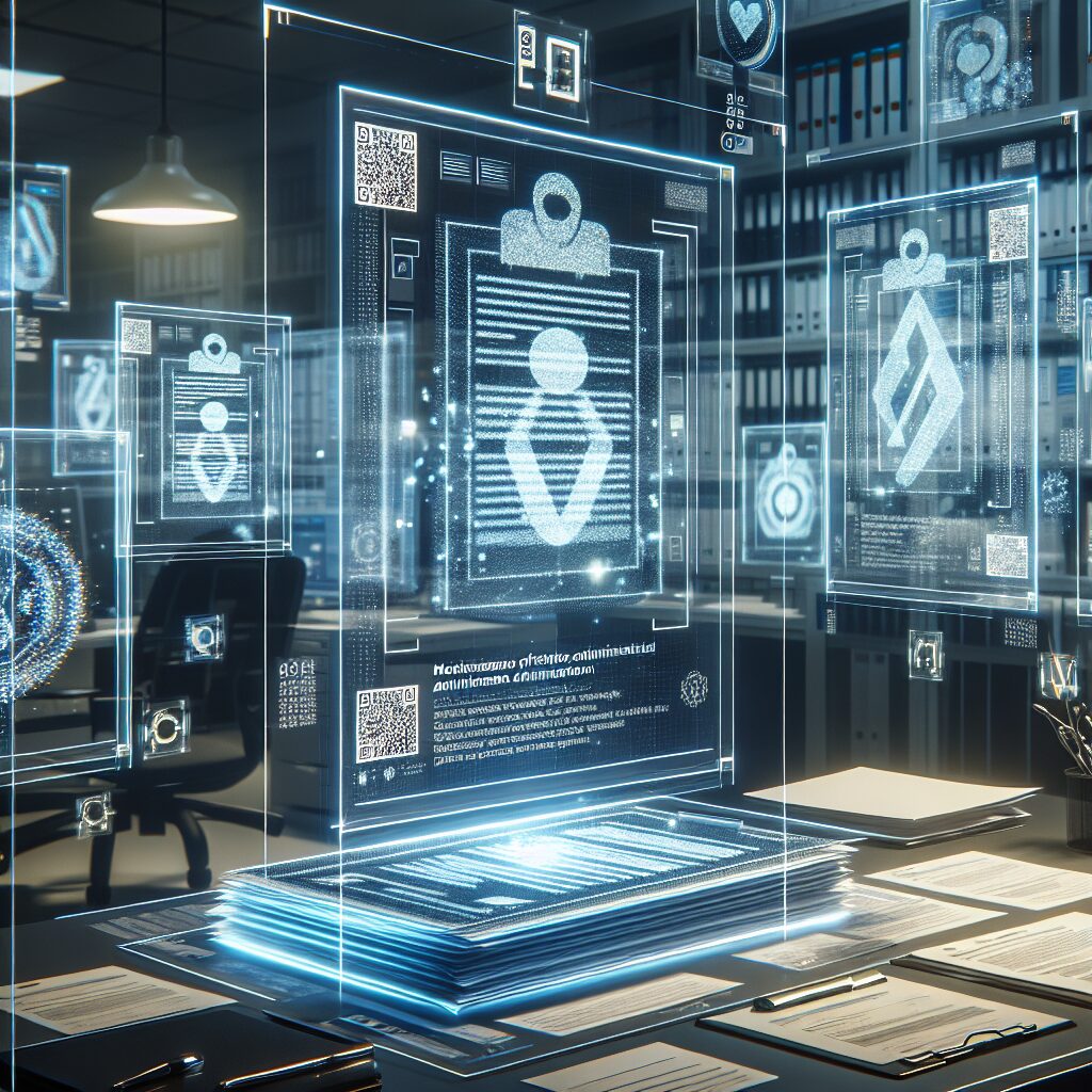A futuristic, digital representation of a workplace scenario featuring holographic medical forms, QR codes, and security watermarks, symbolizing modernization in administrative processes.