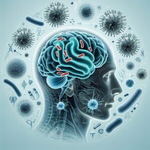An illustration depicting the human brain affected by meningococcal infection, showcasing bacteria with a medical background, emphasizing vaccination and public health measures.